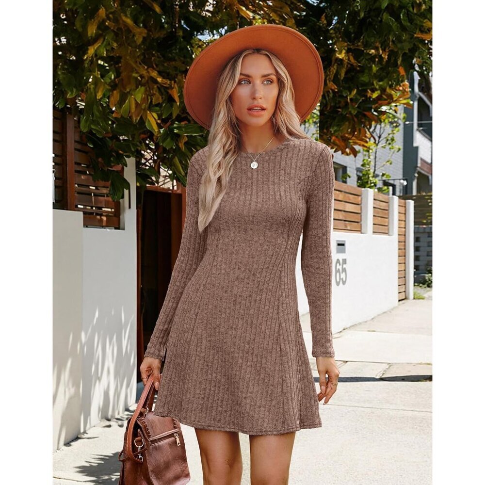 Fall Sweater Dress Women Long Sleeve Crew Neck A-Line Casual Work - Picture 3 of 5